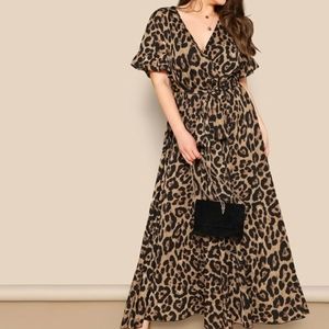 SHEIN Size 3X Gray Leopard Flounce Tie Dress